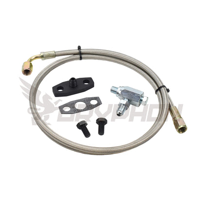 Turbo oil feed line kit for Garrett G40 G42 G45 turbos on N/A engine conversions, 4AN braided PTFE hose with flange, gasket, and fittings