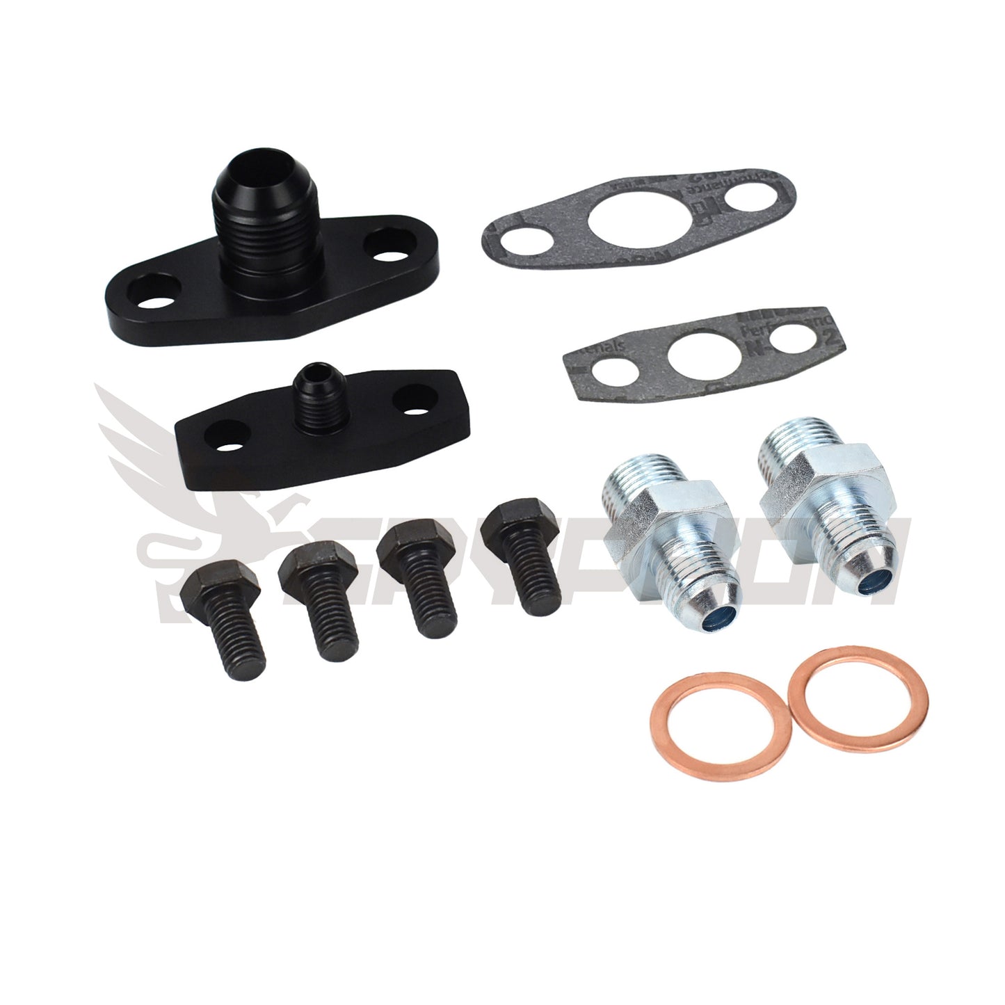 Garrett GT and GTX Series turbo oil and water fitting kit for GT37R, GT40R, GT42R, GT45R, and GT47R turbos.