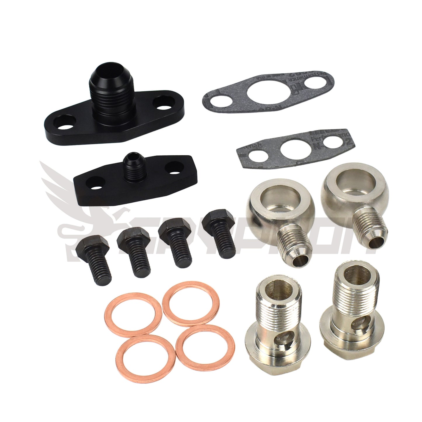 Garrett GT and GTX Series turbo oil and water fitting kit for GT37R, GT40R, GT42R, GT45R, and GT47R turbos.
