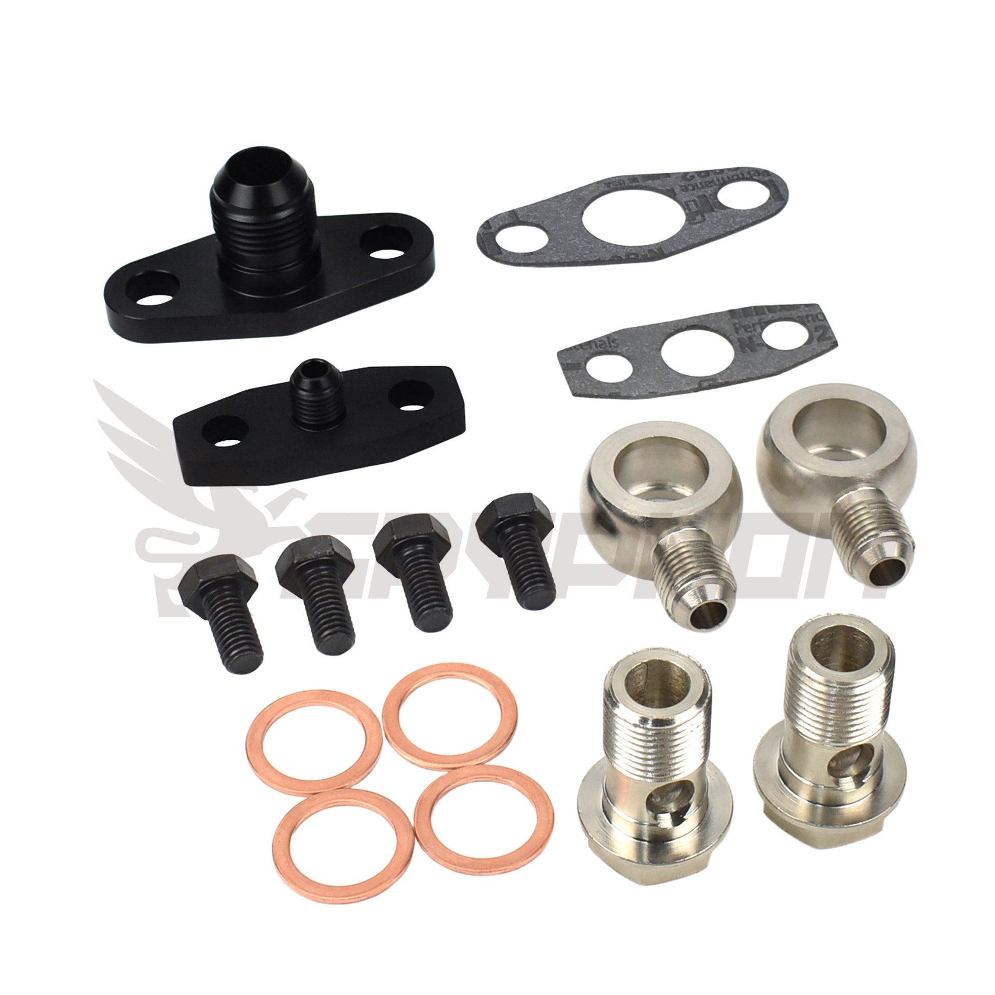 Garrett GT and GTX Series turbo oil and water fitting kit for GT37R, GT40R, GT42R, GT45R, and GT47R turbos.