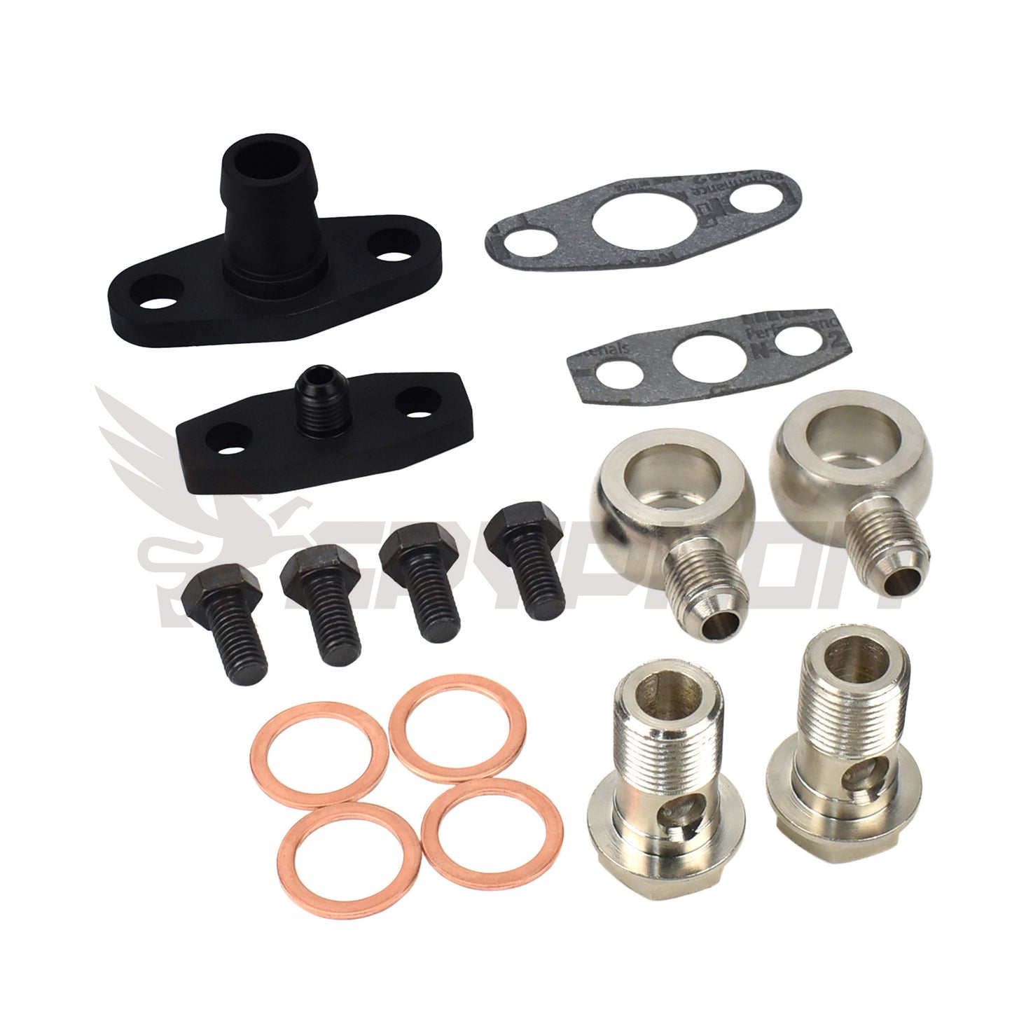 Garrett GT and GTX Series turbo oil and water fitting kit for GT37R, GT40R, GT42R, GT45R, and GT47R turbos.