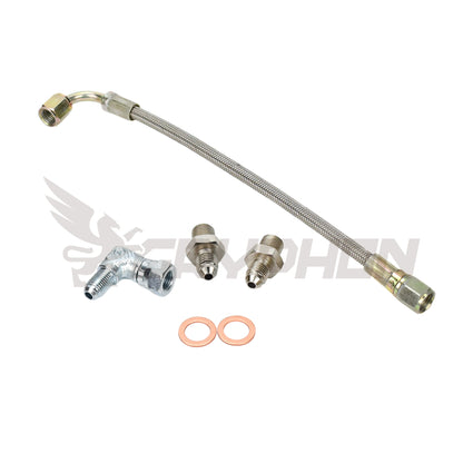 Turbo oil feed kit with 4AN braided hose and 1.8mm restrictor for Garrett T3 on Nissan Skyline RB20DET RB25DET engine