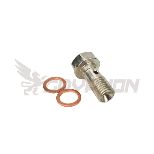 banjo bolt with built-in restrictor for turbo oil feed system