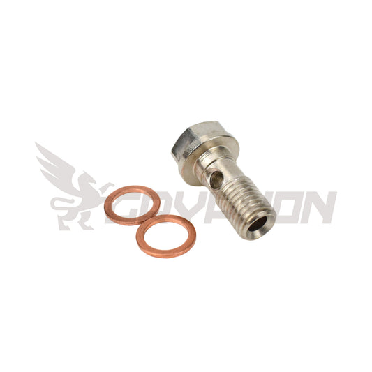Metric M10x1.25 banjo bolt kit with mild steel construction and copper crush washer for universal oil, fuel, and coolant use
