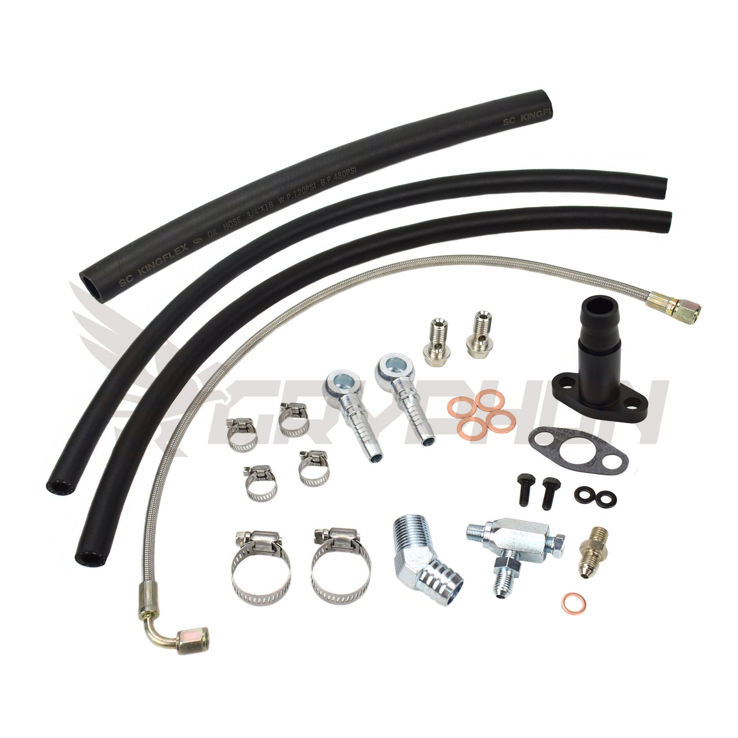 Turbo oil and water line kit for Mazda MX-5 Miata MK2/MK2.5 with IHI VJ35 turbocharger, includes 4AN braided PTFE oil feed, 1.8 mm restrictor, NBR drain and coolant hoses, fittings & washers.