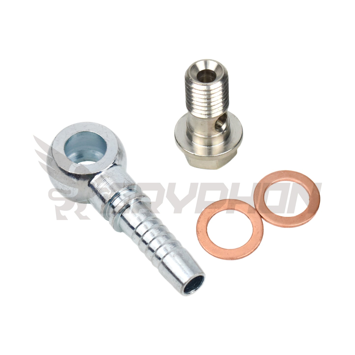 3/8" barb water banjo bolt for Mitsubishi TD04, TD05 turbochargers, ideal for connecting coolant hoses securely with a leak-free seal.