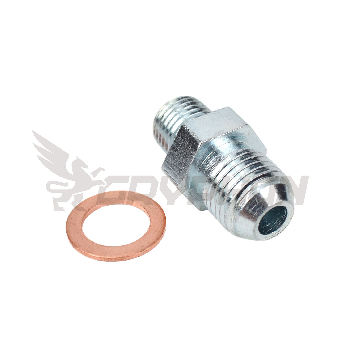 6AN turbo water adapter fitting for Mitsubishi TD04, TD05, TD06 turbo water cooling system, CNC-machined with electroplated mild steel for corrosion resistance.