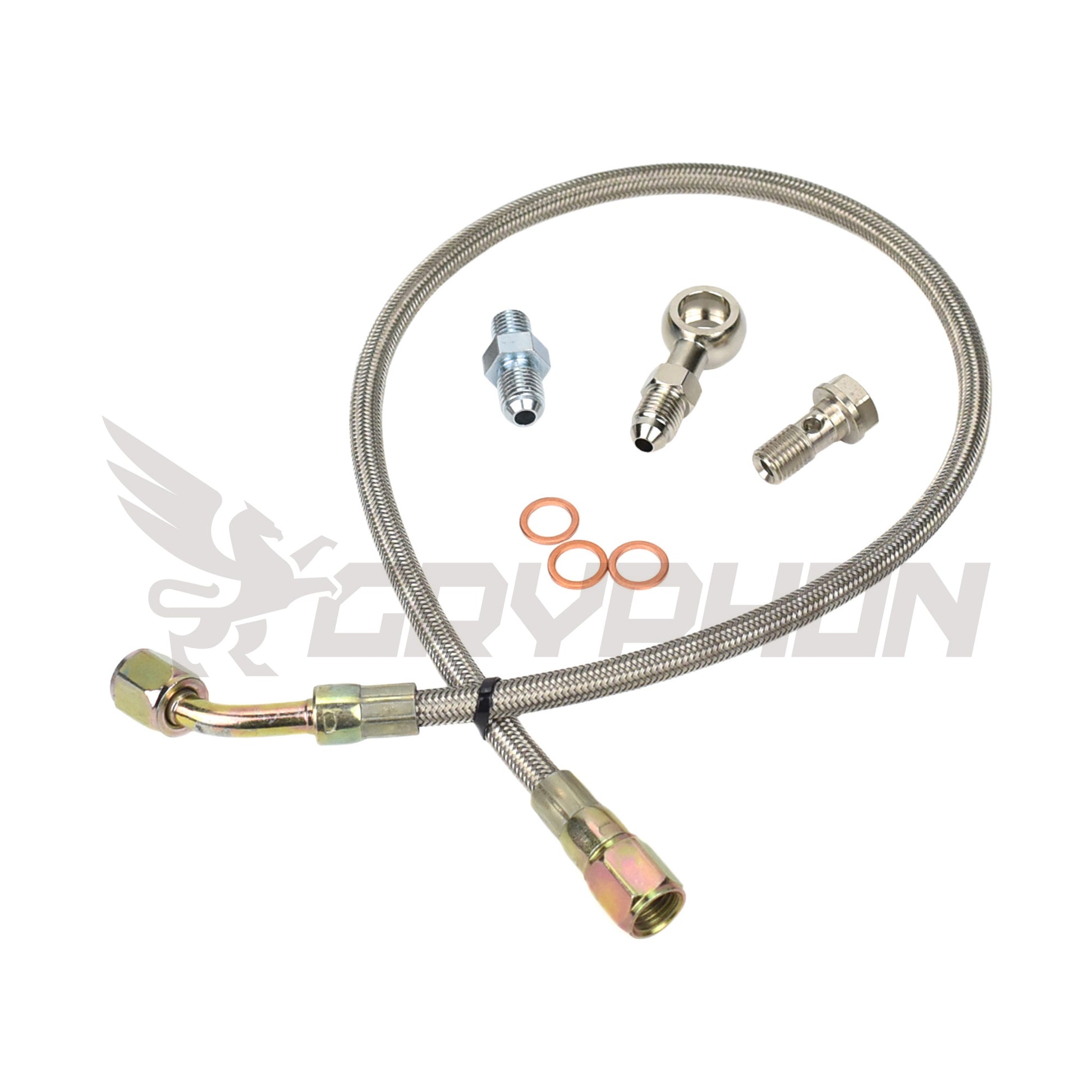 Turbo oil feed line kit for Nissan D22 NP300 ZD30 3.0L with HT12-19 turbo. Includes 4AN PTFE braided hose, banjo bolt, and copper washers.