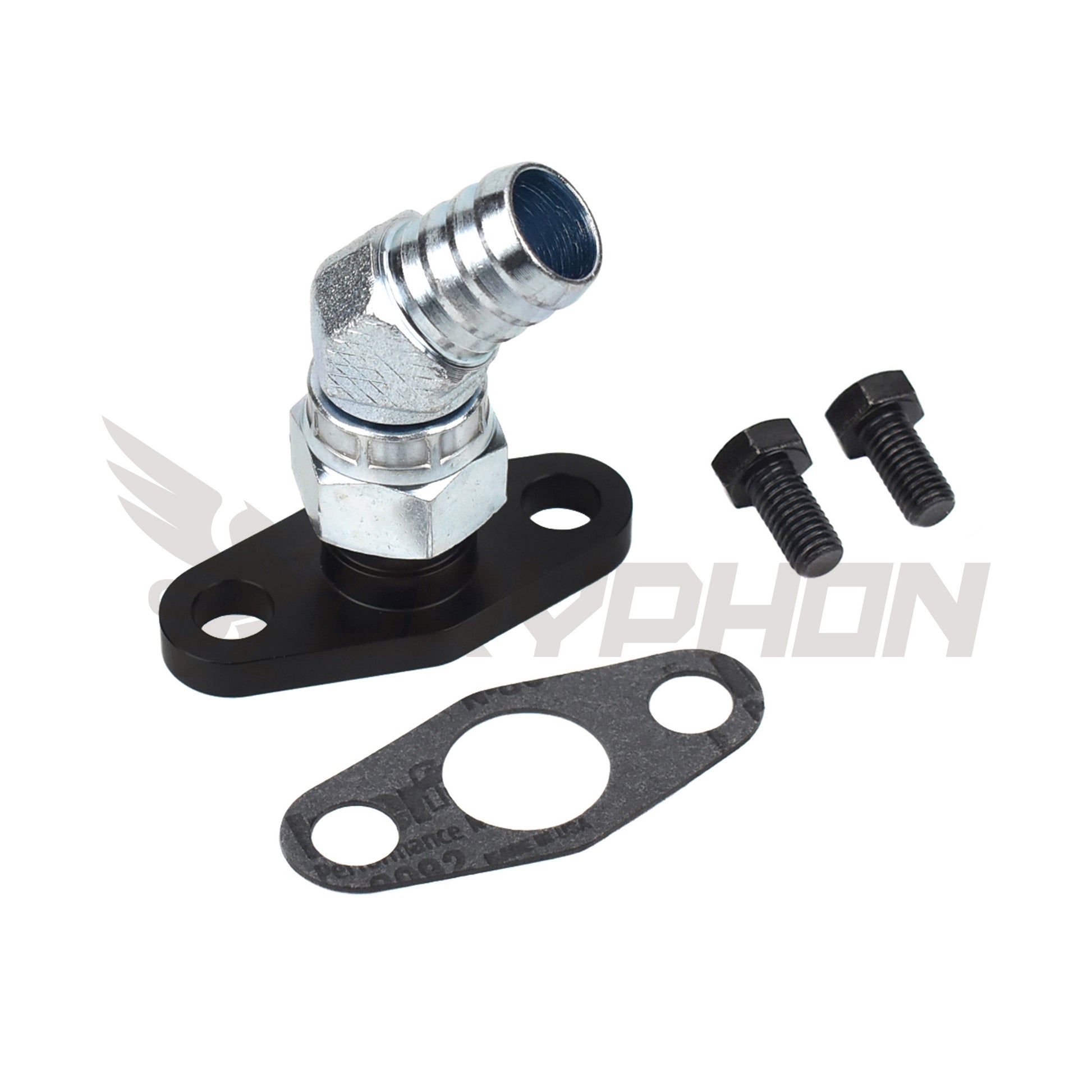 45 degree 3/4" barb Turbo Oil Drain Flange for Precision PTE 5558, 5858, 5862, 6266, 6466, 6870, 7675, 8284, and more.