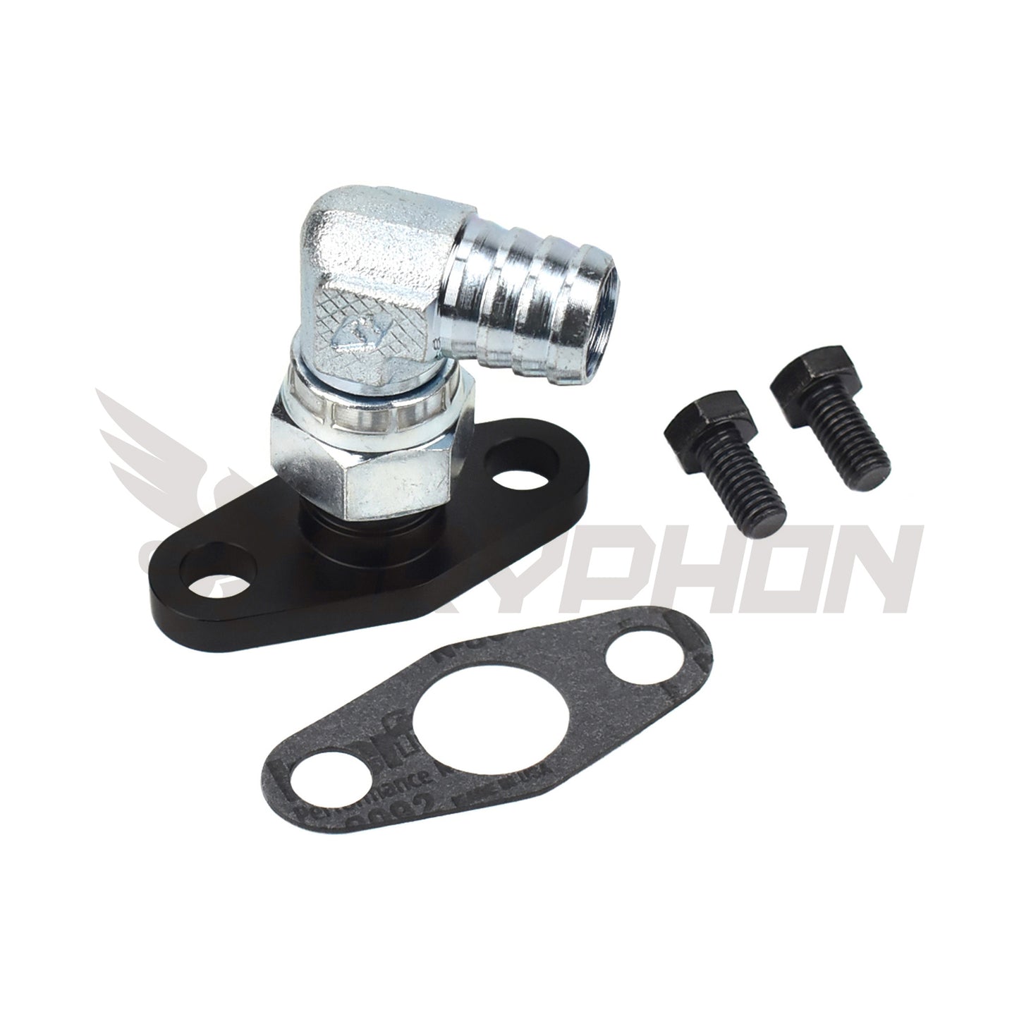 90 degree 3/4" barb Turbo Oil Drain Flange for Precision PTE 5558, 5858, 5862, 6266, 6466, 6870, 7675, 8284, and more.