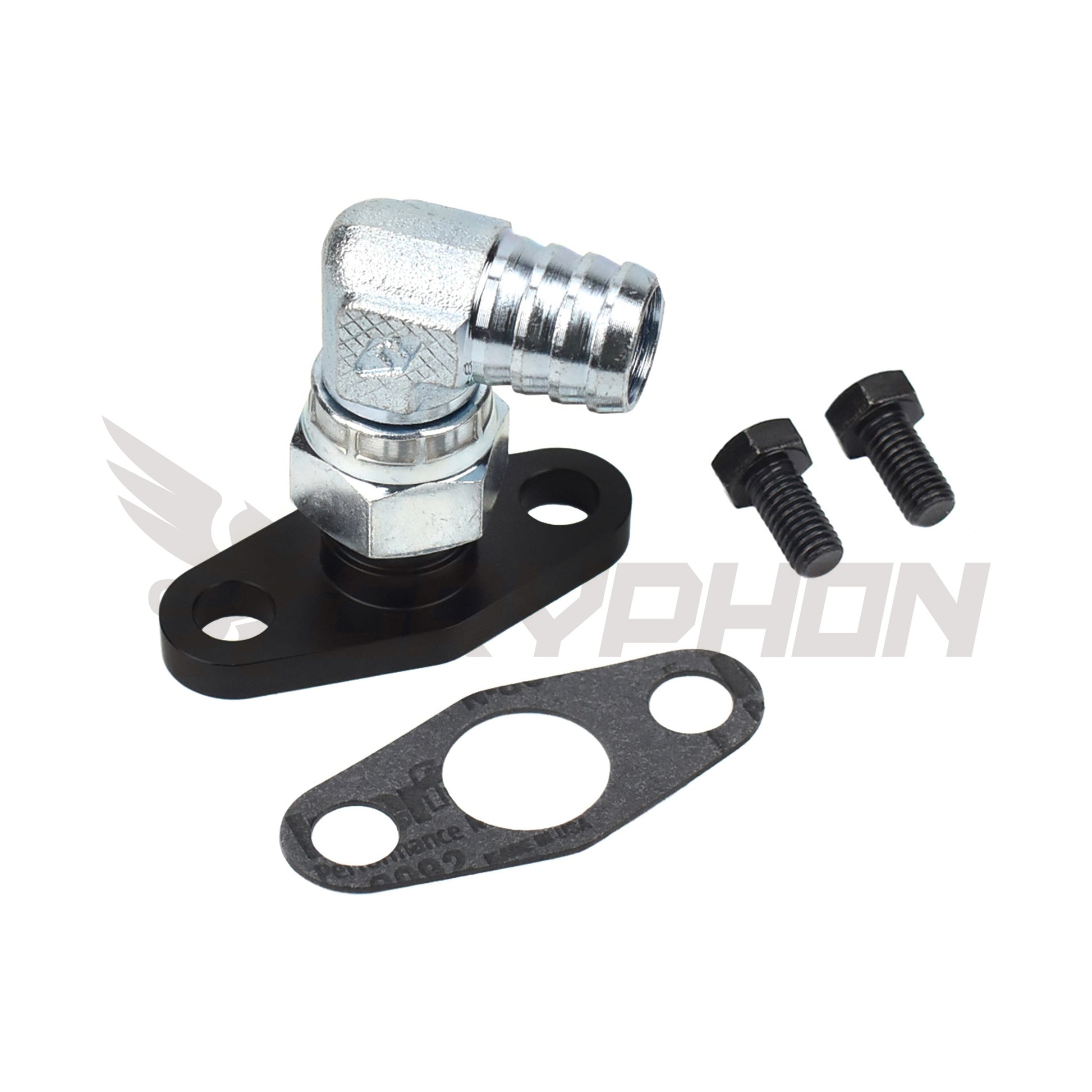 90 degree 3/4" barb Turbo Oil Drain Flange for Precision PTE 5558, 5858, 5862, 6266, 6466, 6870, 7675, 8284, and more.