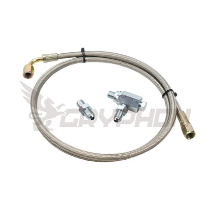 Turbo oil feed line kit for Precision Turbo PTE turbos, N/A engine conversion, 4AN braided PTFE hose with fittings, no restrictor required