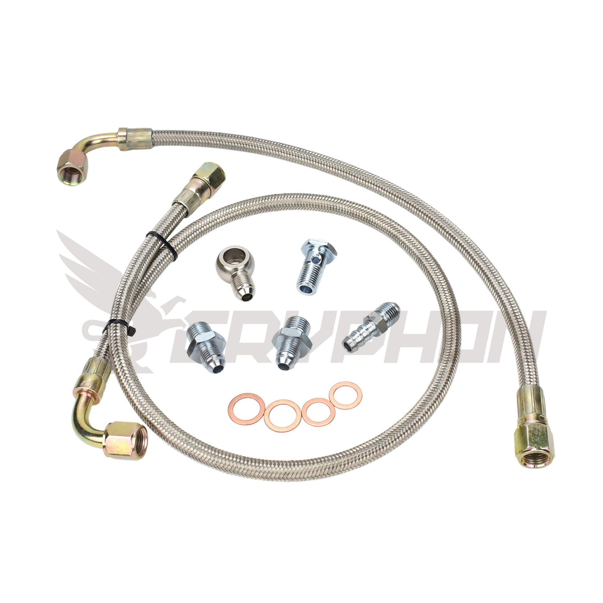 6AN braided turbo water line kit with M16x1.5 fittings for Nissan RB20DET stock turbo, fits stock and top mount