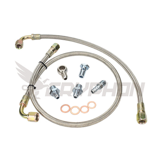 6AN braided turbo water line kit with M16x1.5 fittings for Nissan RB20DET stock turbo, fits stock and top mount