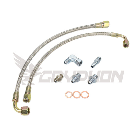 Turbo water line kit with 6AN braided hoses and fittings for SR20DET using T3 or T4 water-cooled turbo, fits S13 chassis