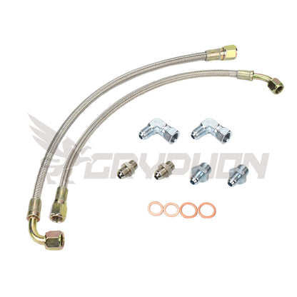 Turbo water line kit with 6AN braided hoses and fittings for SR20DET using T3 or T4 water-cooled turbo, fits S14 S15 chassis