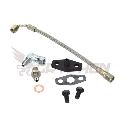 Turbo oil feed line kit with 2.0mm restrictor flange and 4AN braided hose for Holden Commodore VL RB30ET stock T3 turbo