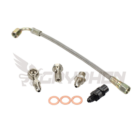 Turbo oil feed line kit for Subaru EJ engine with rotated BorgWarner EFR turbo, 4AN PTFE braided hose with fittings
