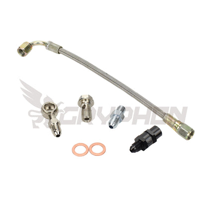 Turbo oil feed line kit for Subaru EJ engine with rotated PTE 5858 6266 6466 turbo, 4AN braided hose
