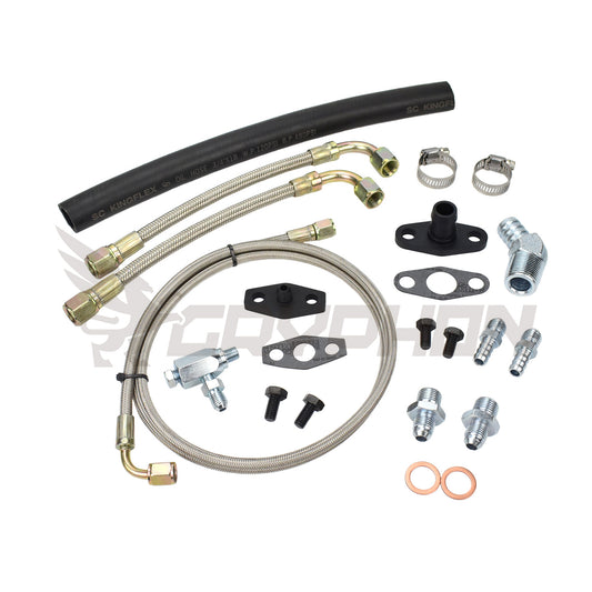Universal oil and water line kit for Garrett T3 T4 water-cooled turbo with 4AN oil feed, NBR oil drain hose, and 6AN braided water lines