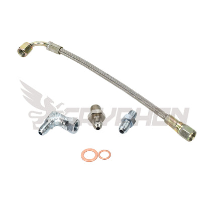 Turbo oil feed kit with 1.8mm restrictor and 4AN braided hose for Mitsubishi TD05H TD06 on Holden Commodore VL RB30ET
