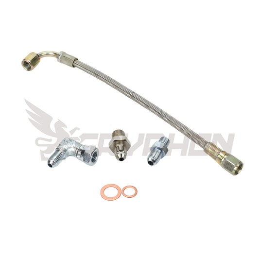 Turbo oil feed kit with 1.8mm restrictor and 4AN braided hose for Mitsubishi TD05H TD06 on Holden Commodore VL RB30ET