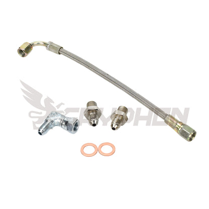 Turbo oil feed kit with 1.8mm restrictor and 4AN braided PTFE line for TD05H TD06 on Nissan RB20DET RB25DET RB30 engine
