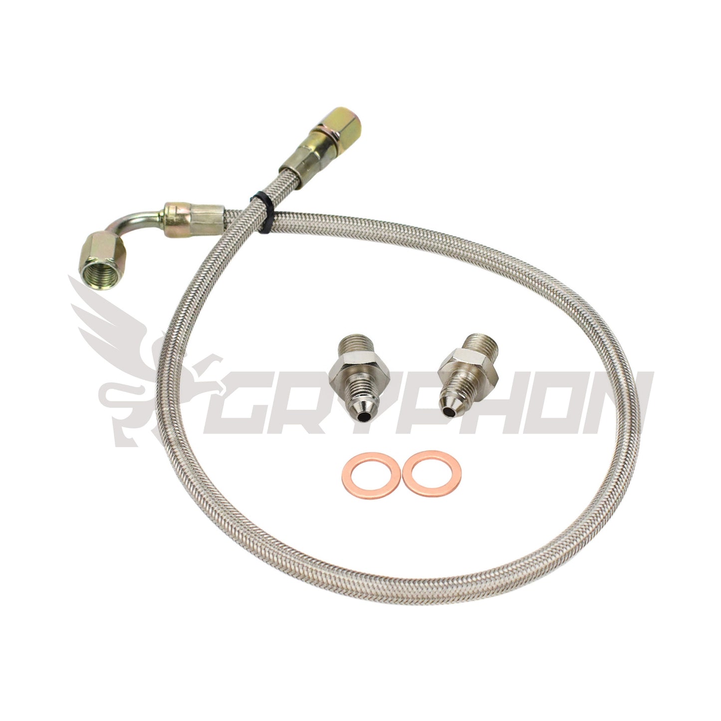 Turbo oil feed kit with 1.8mm restrictor and 4AN braided hose for Mitsubishi TD05H TD06 on Holden Commodore VL RB30ET