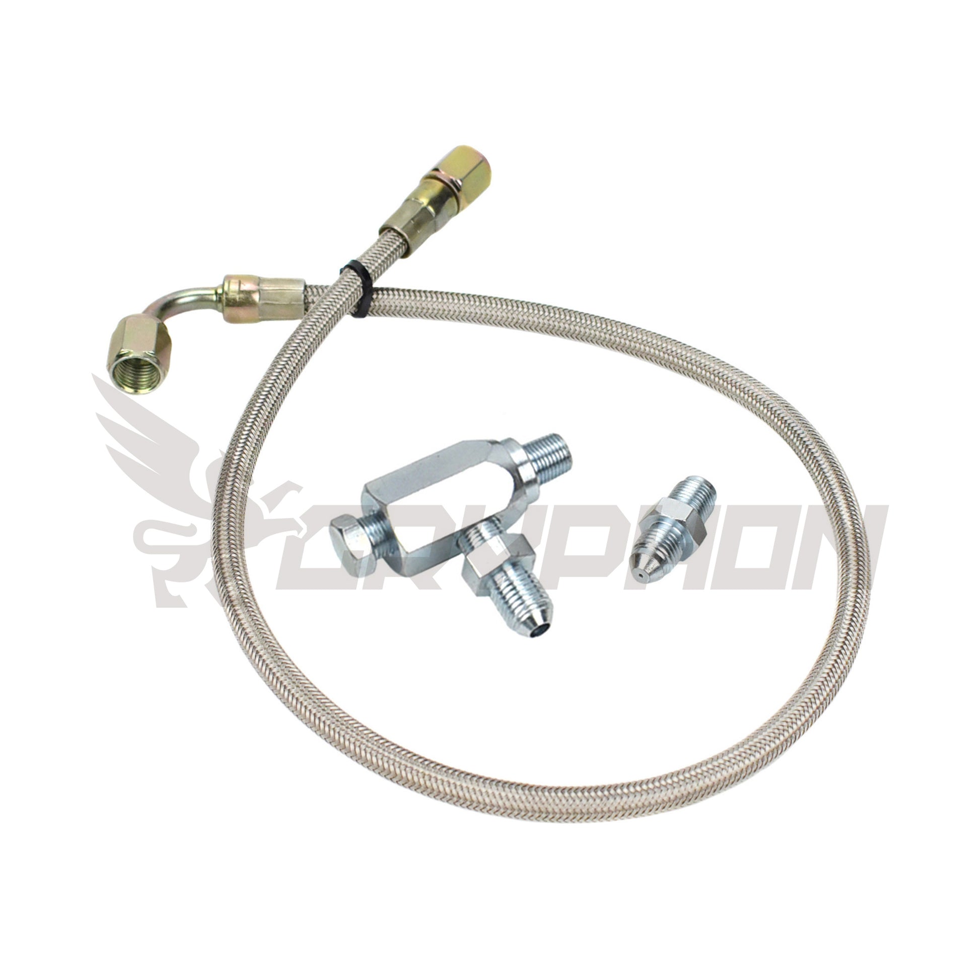 Turbo oil feed line kit for Nissan Patrol TD42 GQ with Garrett GT28R ball bearing turbo, 4AN braided PTFE hose, 1.0mm restrictor fitting and T-fitting