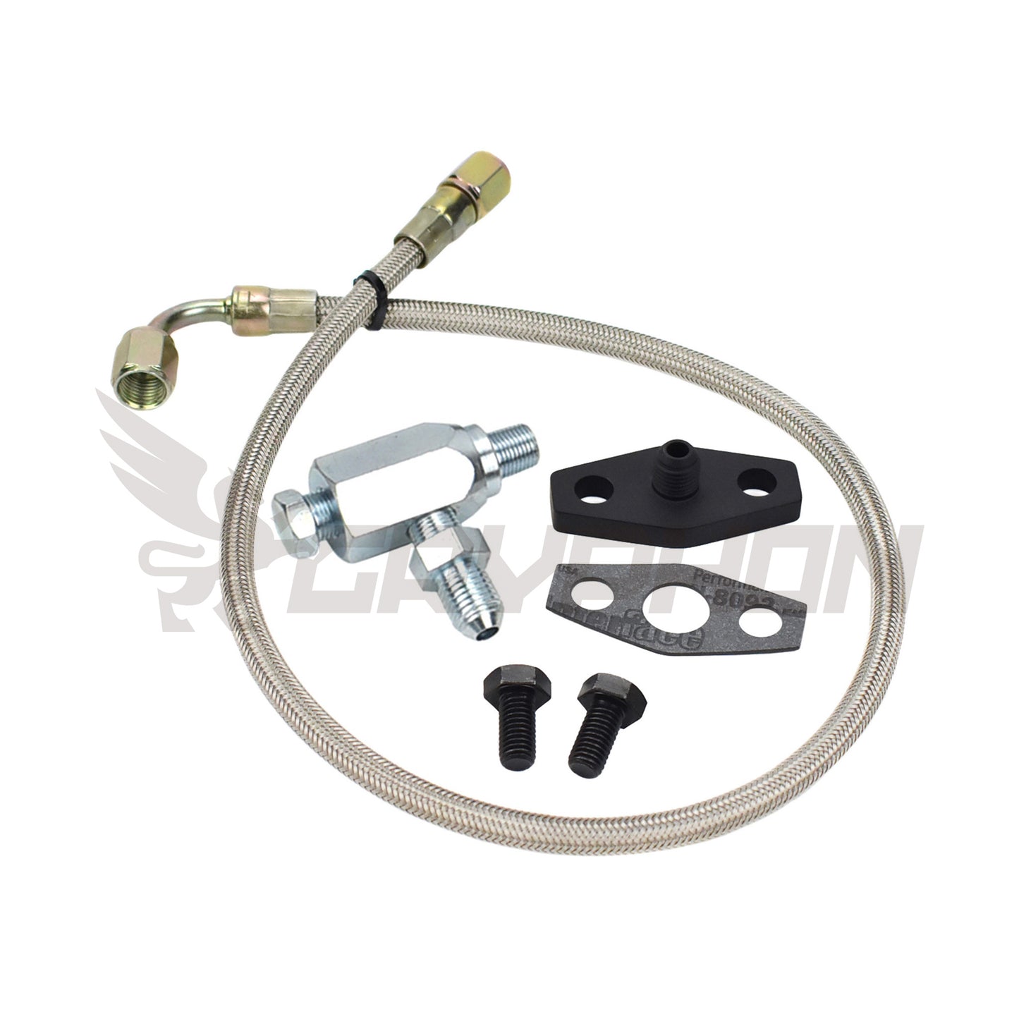 Turbo oil feed line kit for Nissan Patrol TD42 GQ N/A to turbo conversion, 4AN braided PTFE hose with 2.0mm restrictor flange and fittings