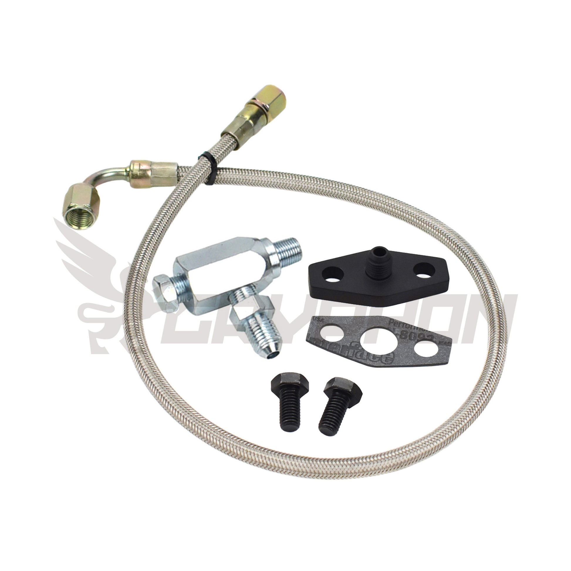 Turbo oil feed line kit for Nissan Patrol TD42 GQ N/A to turbo conversion, 4AN braided PTFE hose with 2.0mm restrictor flange and fittings