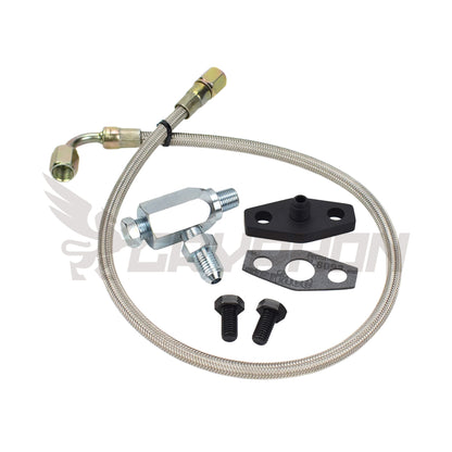 Turbo oil feed line kit for Nissan Patrol TD42 GQ with Holset Super HX30W turbo, 4AN braided PTFE hose, fittings, T-fitting, and copper washers, no restrictor required