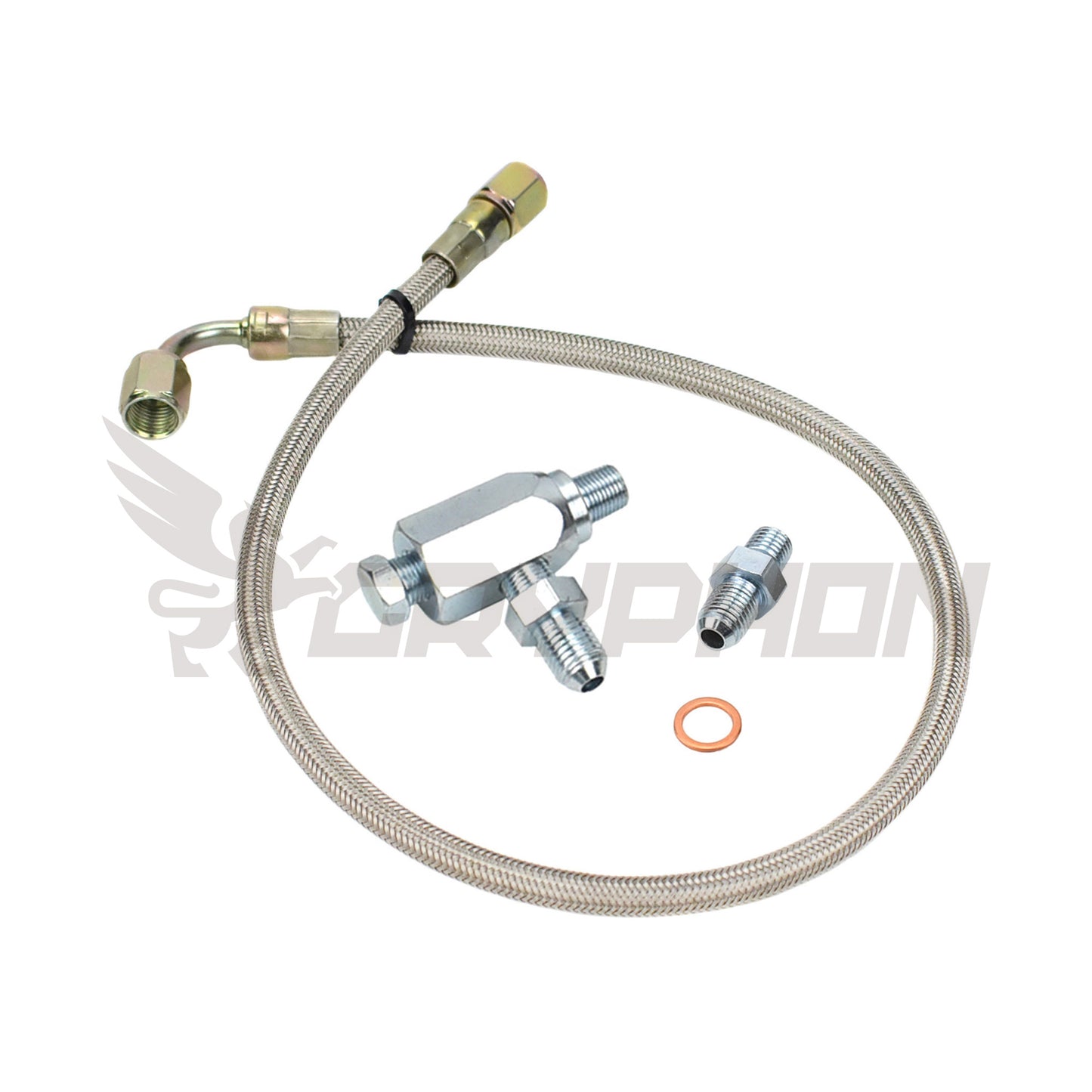 Turbo oil feed line kit for Nissan Patrol TD42 GQ with TD05H oil-cooled turbo, 4AN braided PTFE hose, restrictor fittings, banjo, and T-fitting