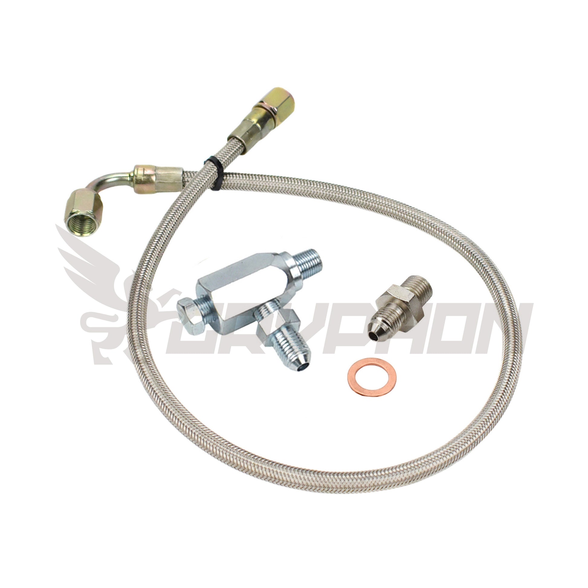 Turbo oil feed line kit for Nissan Patrol TD42 GQ with TD05H water-cooled turbo, 4AN braided PTFE hose, restrictor fittings, banjo, and T-fitting