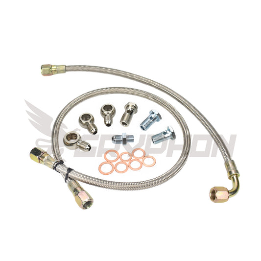 Turbo water line kit with 6AN braided lines and Garrett GT28R fittings for Nissan GU TD42T turbo engines
