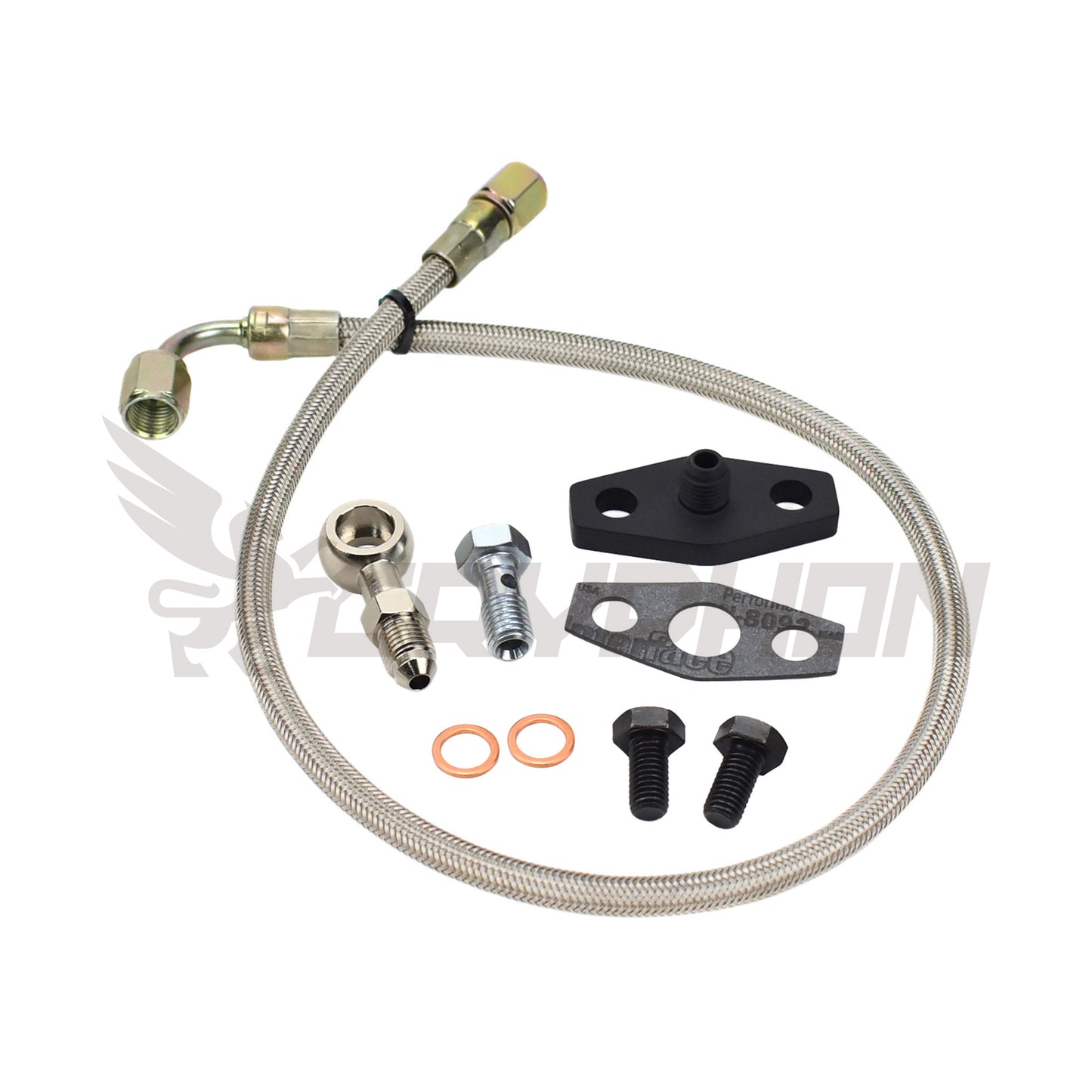 Turbo oil feed line kit for Nissan Patrol TD42 GU factory HT18 turbo, 4AN braided PTFE hose with 2.0mm restrictor flange and fittings