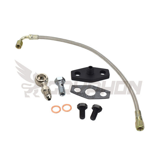 Turbo oil feed line kit for Nissan Patrol TD42 GU factory HT18 turbo, 4AN braided PTFE hose with 2.0mm restrictor flange and fittings