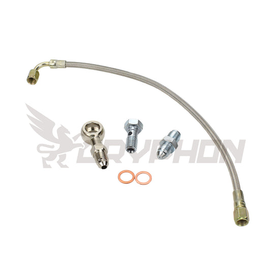 Turbo oil feed line kit for Nissan Patrol TD42 GU with Garrett GT28R ball bearing turbo, 4AN braided PTFE hose, 1.0mm restrictor fitting, banjo