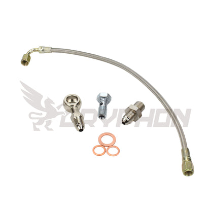 Turbo oil feed line kit for Nissan Patrol TD42 GU with Holset HX30 or HX35 turbo, 4AN braided PTFE hose, fittings, banjo, and no restrictor required
