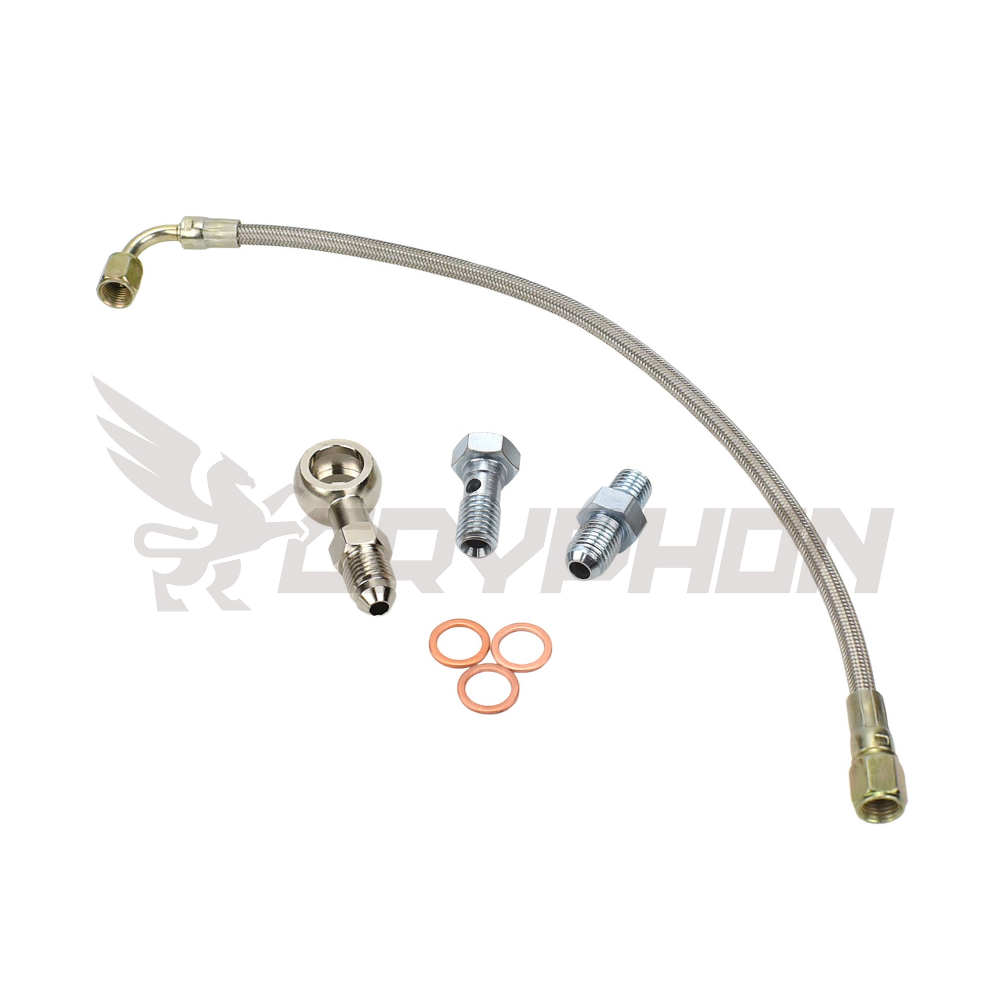 Turbo oil feed line kit for Nissan Patrol TD42 GU with TD05H oil-cooled turbo, 4AN braided PTFE hose, restrictor fittings, banjo