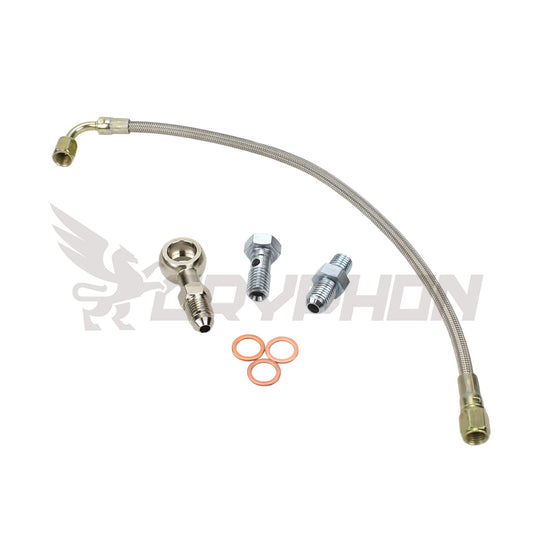Turbo oil feed line kit for Nissan Patrol TD42 GU with TD05H oil-cooled turbo, 4AN braided PTFE hose, restrictor fittings, banjo