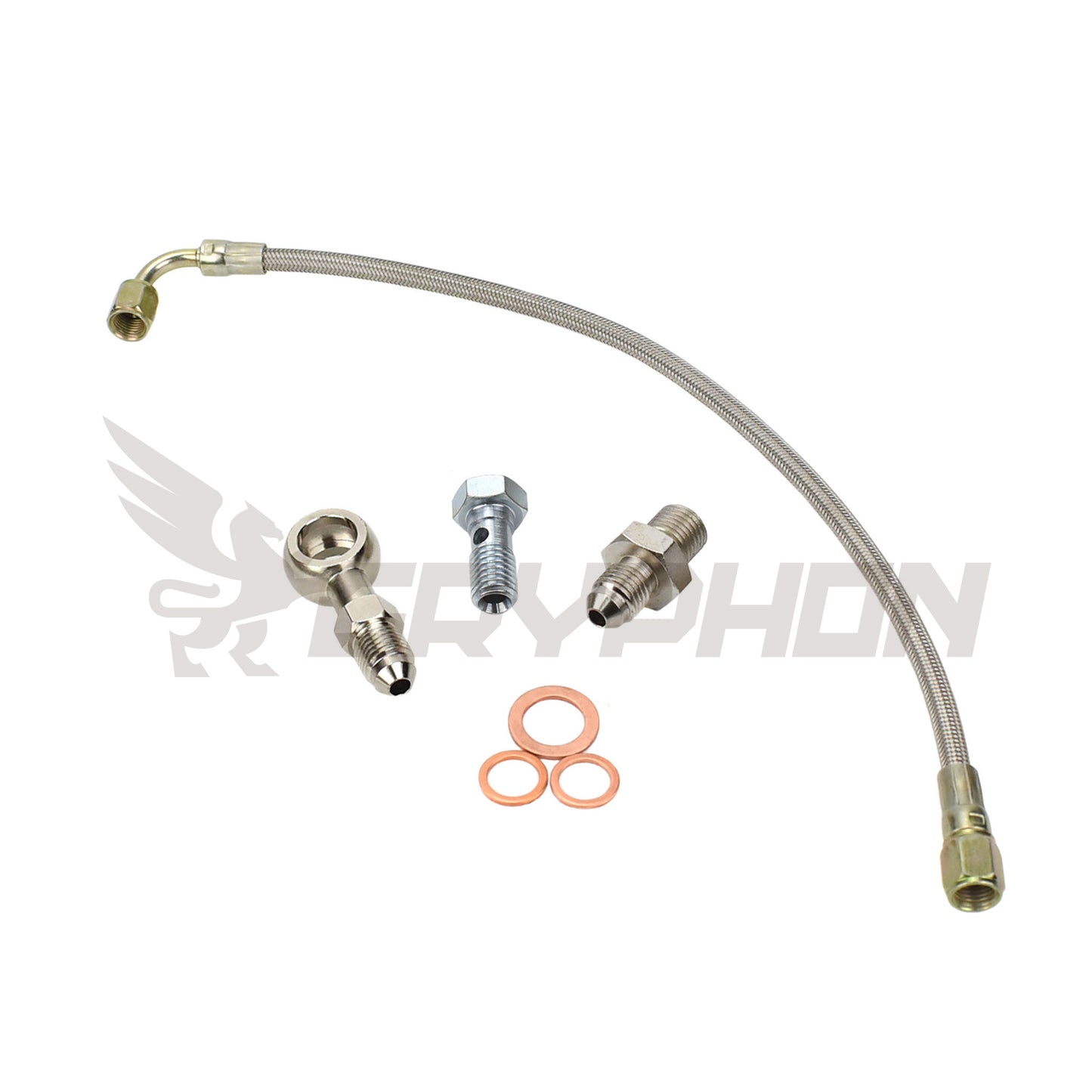 Turbo oil feed line kit for Nissan Patrol TD42 GU with TD05H water-cooled turbo, 4AN braided PTFE hose, restrictor fittings, banjo