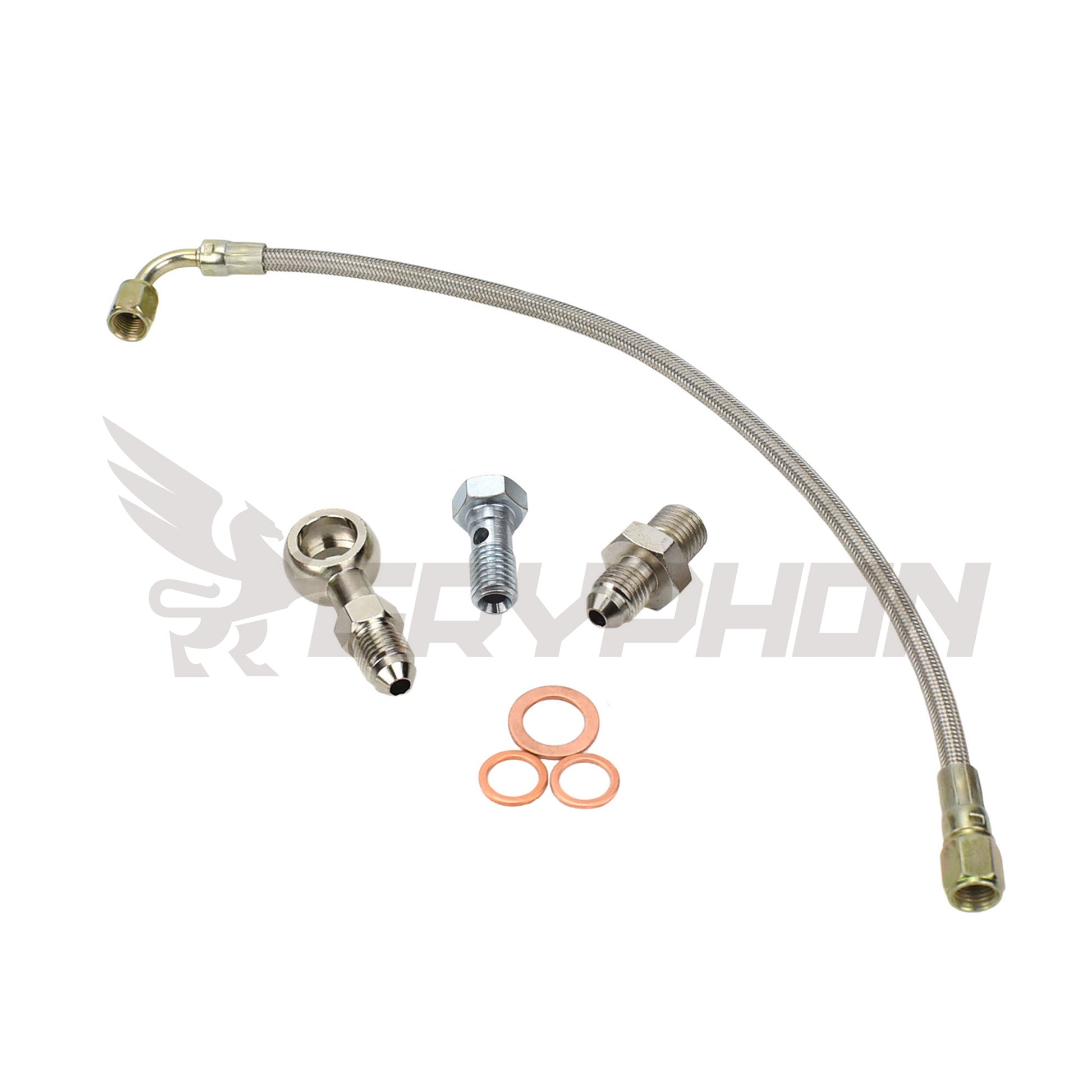 Turbo oil feed line kit for Nissan Patrol TD42 GU with TD05H water-cooled turbo, 4AN braided PTFE hose, restrictor fittings, banjo