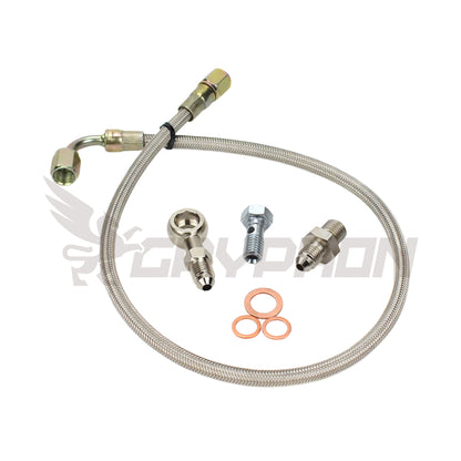 Turbo oil feed line kit for Nissan Patrol TD42 GU with Holset HX30 or HX35 turbo, 4AN braided PTFE hose, fittings, banjo, and no restrictor required