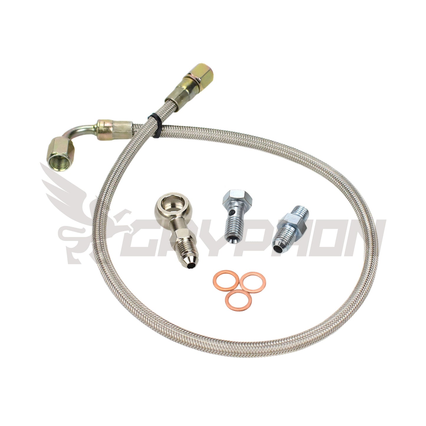 Turbo oil feed line kit for Nissan Patrol TD42 GU with TD05H oil-cooled turbo, 4AN braided PTFE hose, restrictor fittings, banjo