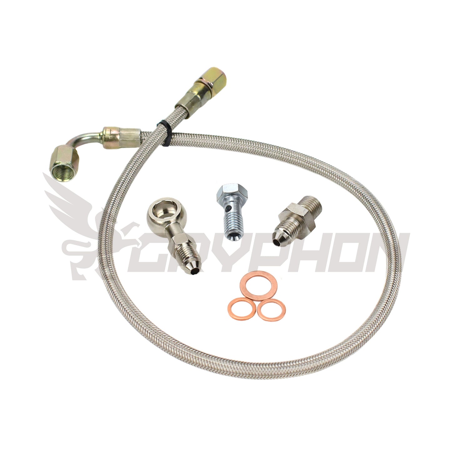 Turbo oil feed line kit for Nissan Patrol TD42 GU with TD05H water-cooled turbo, 4AN braided PTFE hose, restrictor fittings, banjo