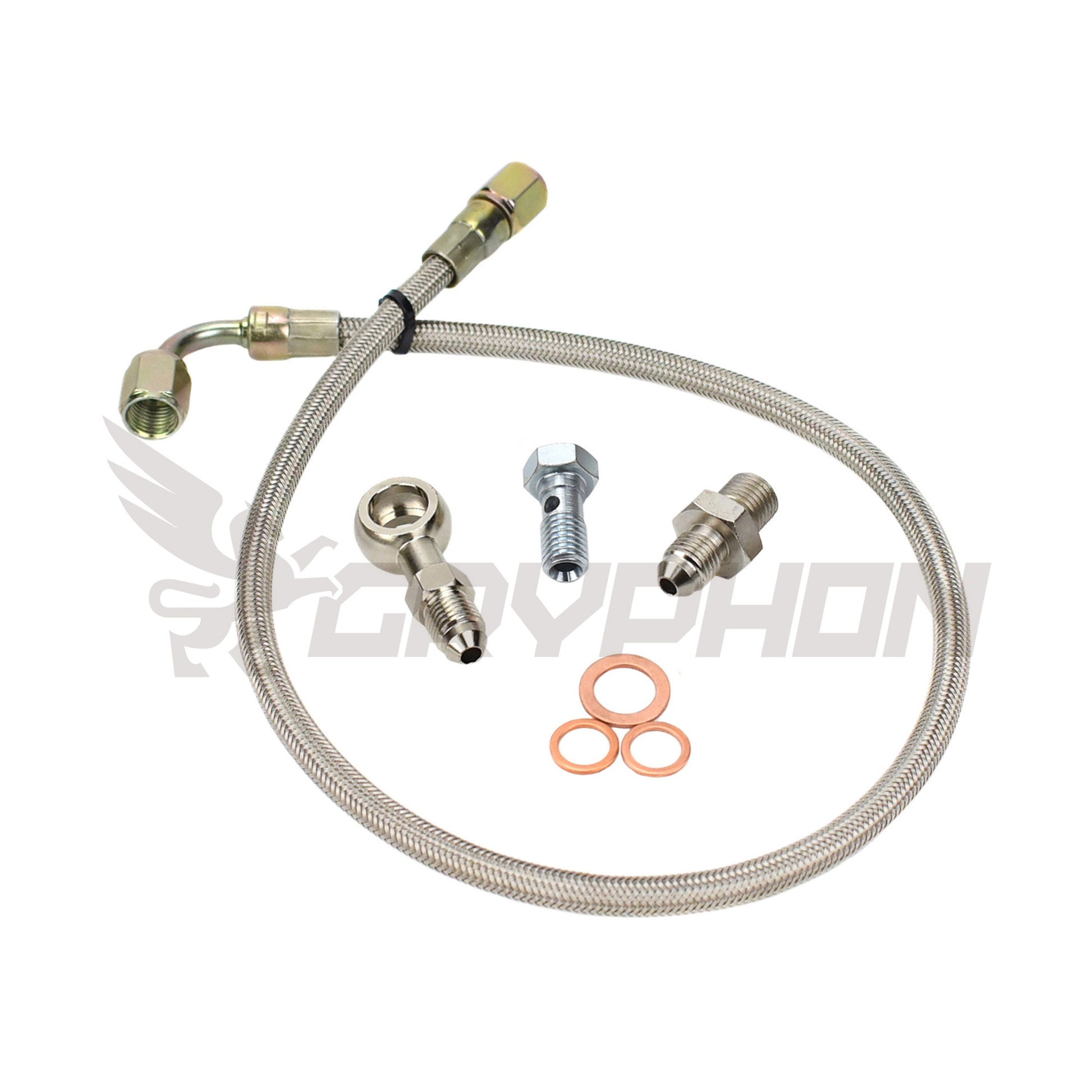 Turbo oil feed line kit for Nissan Patrol TD42 GU with TD05H water-cooled turbo, 4AN braided PTFE hose, restrictor fittings, banjo
