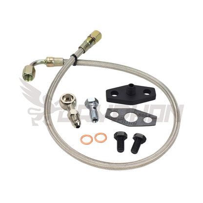 Turbo oil feed line kit for Nissan Patrol TD42 GU with Holset Super HX30W turbo, 4AN braided PTFE hose, fittings, T-fitting, and copper washers, no restrictor required