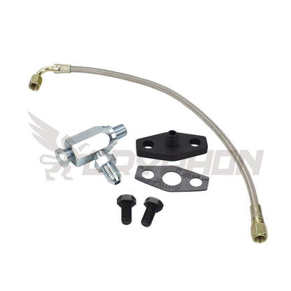 Turbo oil feed line kit for Toyota 2TR-FE 2.7L N/A engine with Garrett T3 / T4 turbo upgrade, includes 4AN braided PTFE hose, 2.0mm restrictor flange, gasket, bolts, and T-fitting.