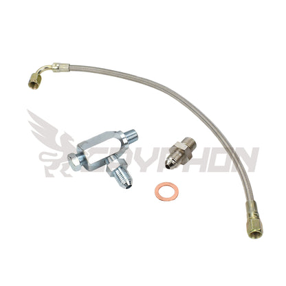 Turbo oil feed line kit for Toyota 2TR-FE 2.7L N/A engine with Mitsubishi TD05H / TD06 turbo upgrade, includes 4AN PTFE braided hose, 1.8mm restrictor fitting, T-fitting, and copper washers.